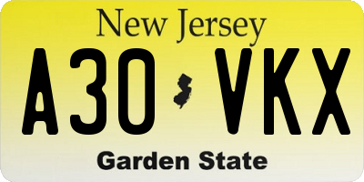 NJ license plate A30VKX