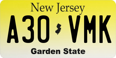 NJ license plate A30VMK