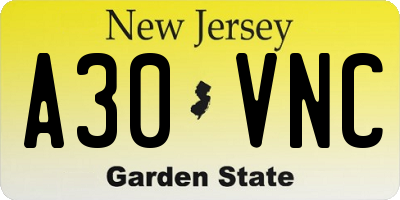 NJ license plate A30VNC