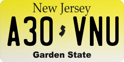 NJ license plate A30VNU