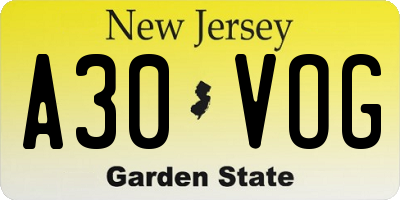 NJ license plate A30VOG