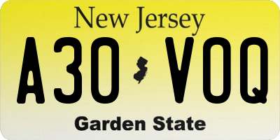NJ license plate A30VOQ