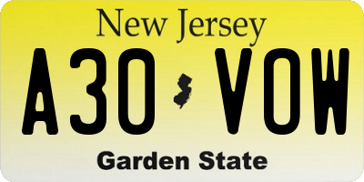 NJ license plate A30VOW