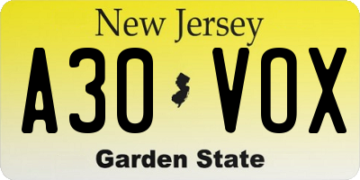 NJ license plate A30VOX
