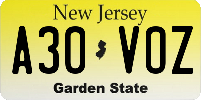 NJ license plate A30VOZ