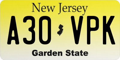 NJ license plate A30VPK
