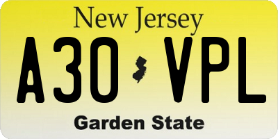 NJ license plate A30VPL