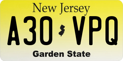 NJ license plate A30VPQ