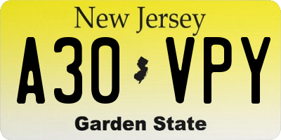 NJ license plate A30VPY