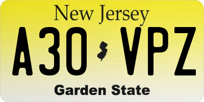 NJ license plate A30VPZ
