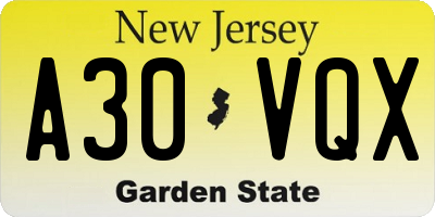 NJ license plate A30VQX