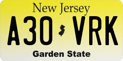 NJ license plate A30VRK