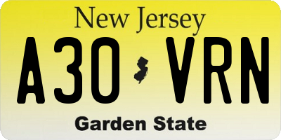 NJ license plate A30VRN