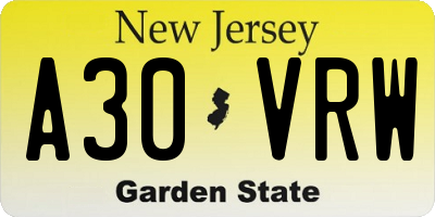 NJ license plate A30VRW