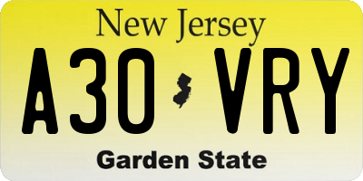 NJ license plate A30VRY