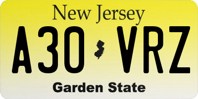 NJ license plate A30VRZ