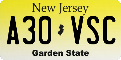 NJ license plate A30VSC