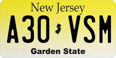 NJ license plate A30VSM
