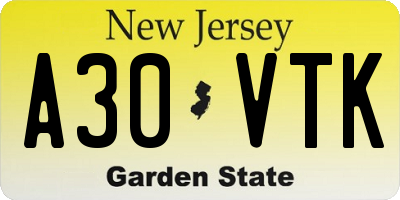NJ license plate A30VTK