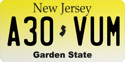 NJ license plate A30VUM