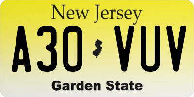 NJ license plate A30VUV