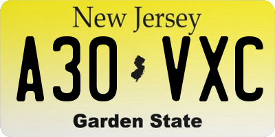 NJ license plate A30VXC
