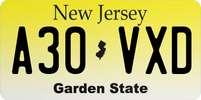 NJ license plate A30VXD