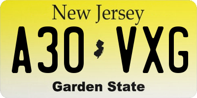 NJ license plate A30VXG
