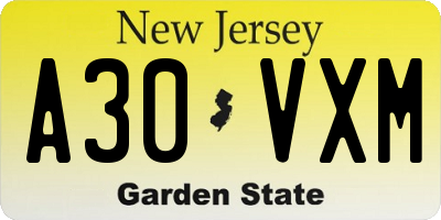 NJ license plate A30VXM