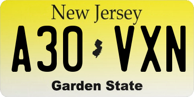 NJ license plate A30VXN