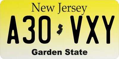 NJ license plate A30VXY