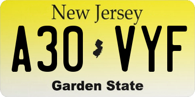 NJ license plate A30VYF