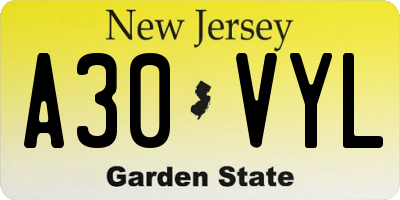 NJ license plate A30VYL