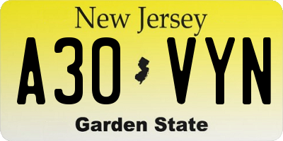 NJ license plate A30VYN