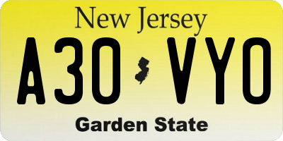 NJ license plate A30VYO