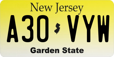NJ license plate A30VYW