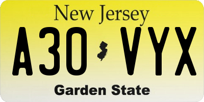 NJ license plate A30VYX