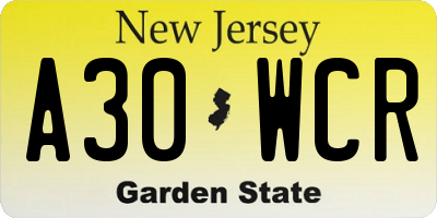 NJ license plate A30WCR
