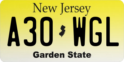 NJ license plate A30WGL