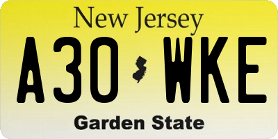 NJ license plate A30WKE