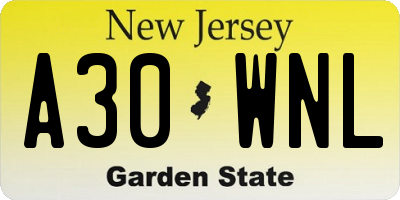 NJ license plate A30WNL