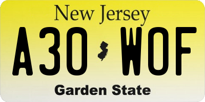 NJ license plate A30WOF