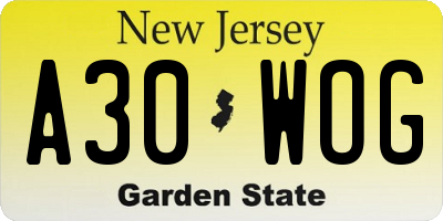 NJ license plate A30WOG