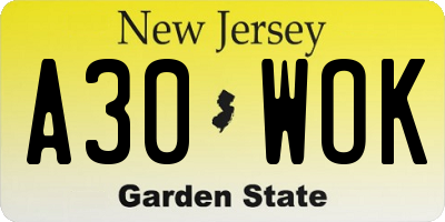 NJ license plate A30WOK