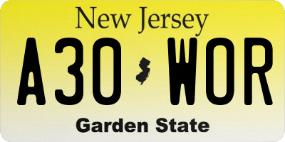 NJ license plate A30WOR