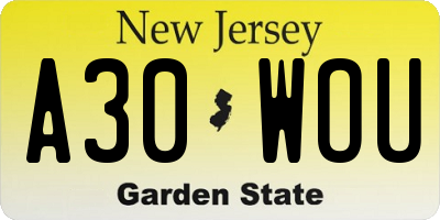 NJ license plate A30WOU