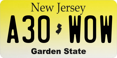 NJ license plate A30WOW