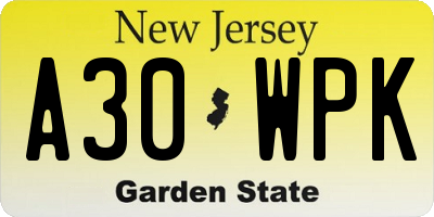 NJ license plate A30WPK