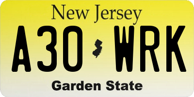 NJ license plate A30WRK