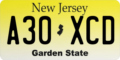 NJ license plate A30XCD